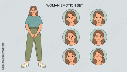Set of facial expressions showing young woman with diverse emotions such as happy, sad, thoughtful, and angry.