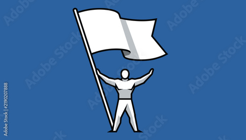 Abstract white figure holds big blank waving flag on clean blue background to symbolize victory or surrender.