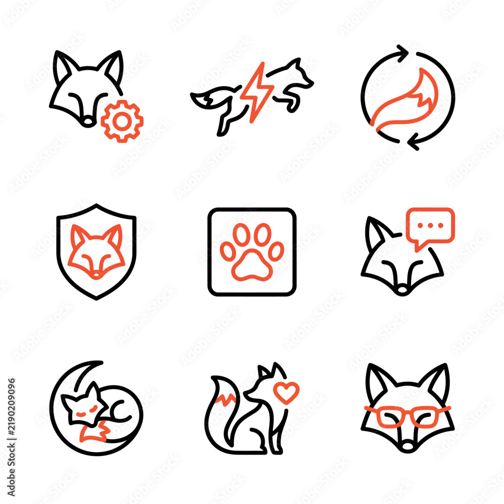 Obraz premium Fox Vector Icon Set, Minimalist Animal Outline Icons, Design Elements for Branding and Illustration