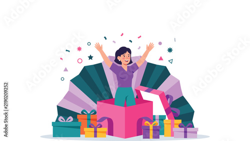 Foto Cheerful woman celebrating while emerging from a giant gift box with colorful presents