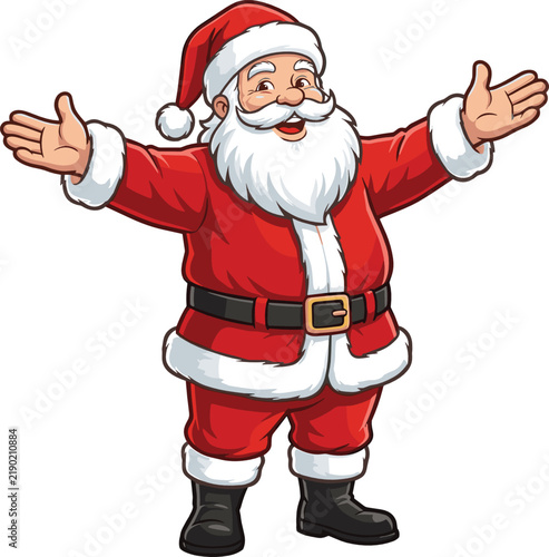 Happy cartoon Santa Claus character standing on white background with wide open arms in welcoming festive gesture classic Christmas vector illustration