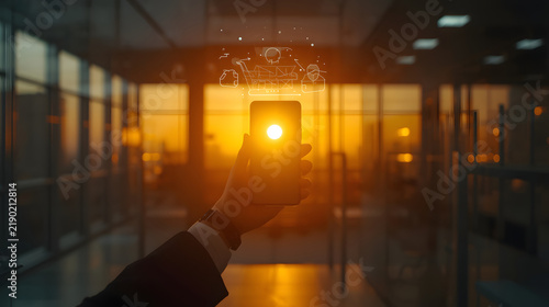 Future Visionary: A hand holding a smartphone projects a futuristic holographic network into the warm glow of sunset, symbolizing technological advancement and connection in a modern setting.