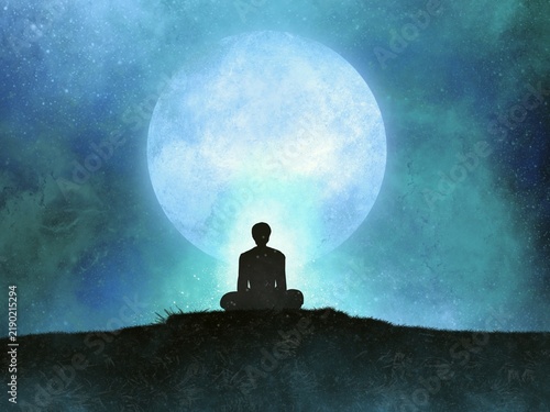 A silhouette of a man meditating on the grass at night under a full moon; a digital illustration based on the concept of 