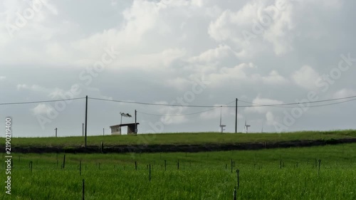 Timelapse of wind turbines spinning in the distance beyond green agricultural fields under a dramatic moving cloudy sky.