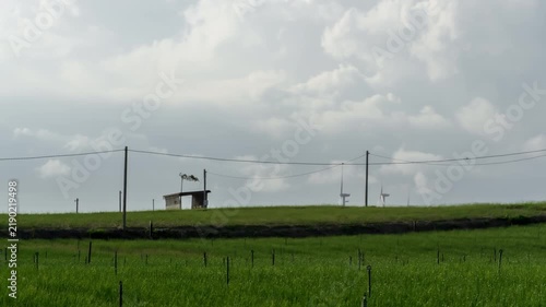Timelapse of wind turbines spinning in the distance beyond green agricultural fields under a dramatic moving cloudy sky.