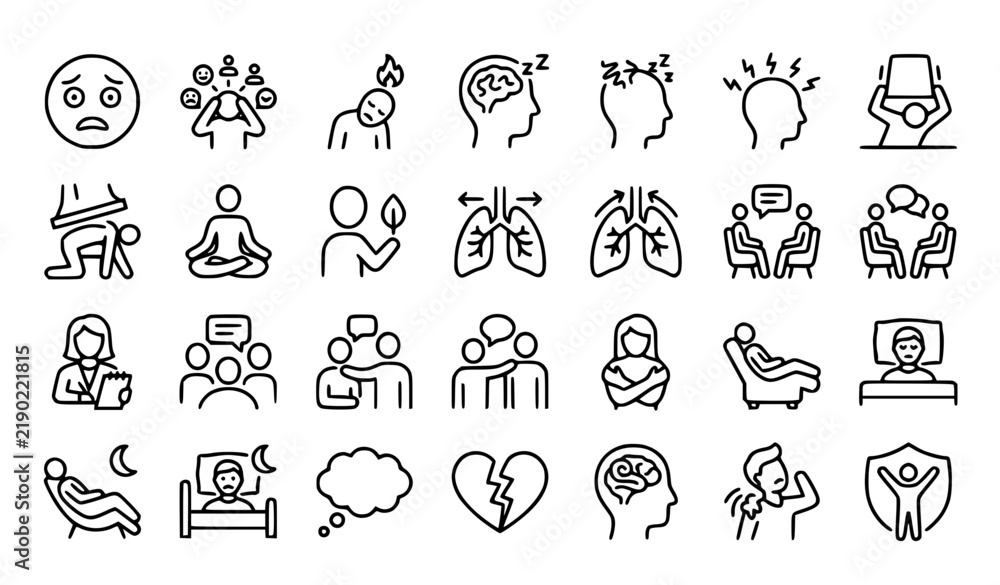 Fototapeta premium Stress Anxiety Mental Health and Mindfulness Editable Outline Vector Icons