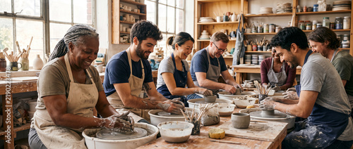 Diverse group of adults taking pottery workshop crafting ceramic clay objects on wheels