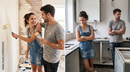 Diptych of young couple painting wall happy together vs standing upset during renovation