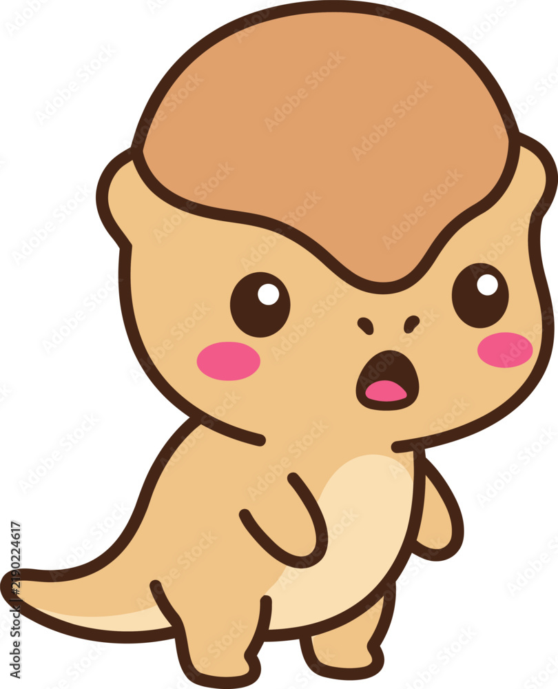 Obraz premium Adorable kawaii baby dinosaur character with a tan body and pink cheeks standing on a white background flat