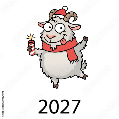 Funny crazy goat in red Santa hat and warm scarf celebrating 2027 New Year with lit firecracker in hoof, hilarious cartoon animal mascot as Chinese zodiac symbol on blank isolated background