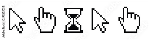 Pixel art computer mouse cursor icon set, arrow pointer hand shapes, hourglass selection symbols for interface and software technology design