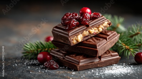 Indulge in the rich visual appeal of layered chocolate bars topped with nuts and cranberries, creating a mouthwatering treat that embodies luxury and flavor.