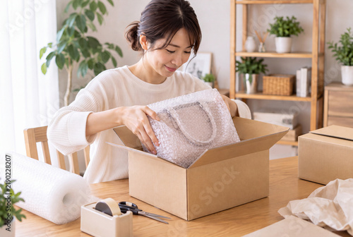 Fototapeta 梱包したハンドバッグを段ボール箱に入れる女性