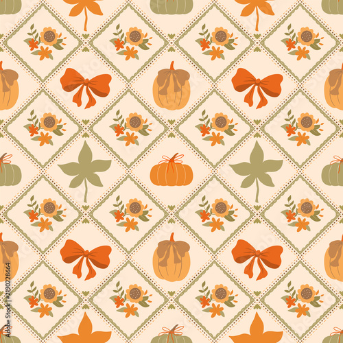 Autumn harvest seamless pattern with pumpkins sunflowers and orange bows