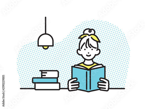 シンプル　イラスト　自宅や図書館で本を読む小学生の女の子 ベクターイラスト