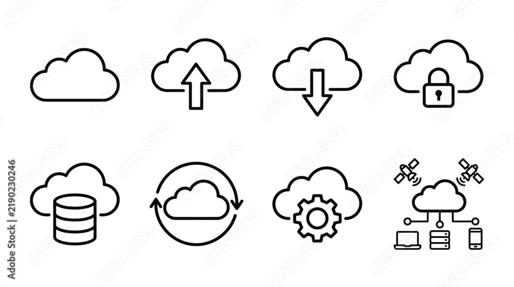 Obraz premium Cloud storage icons with upload download and security features silhouette