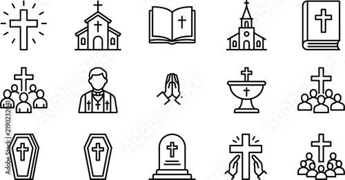 Bild auf Leinwand Christian religious icon collection featuring crosses, churches, Bible, priest,