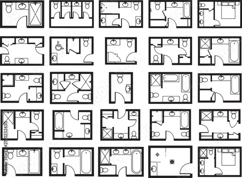 A collection of various bathroom floor plans, showcasing different layouts and fixtures.