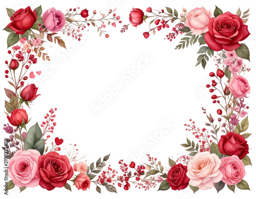 Decorative Floral Frame with Heart Accents and Soft Pink Watercolor Background