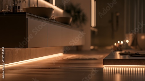 Modern luxury bathroom interior with warm LED strip accent lighting.