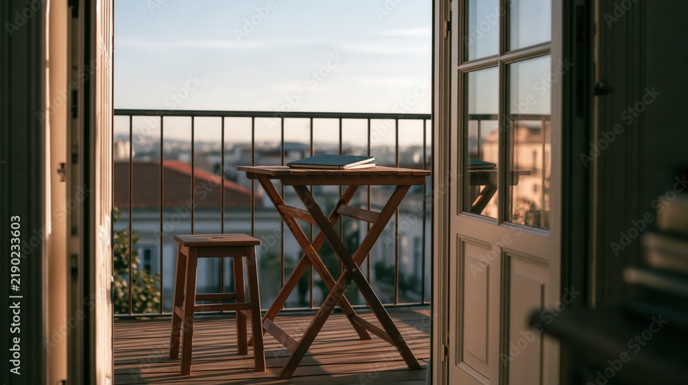 Fototapeta premium A small balcony workspace with a folding table and a stool set up outside in soft natural light