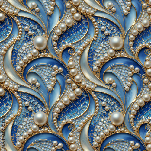 Luxury Blue Swirl Pattern with Pearls, Gold Filigree and Mosaic Texture