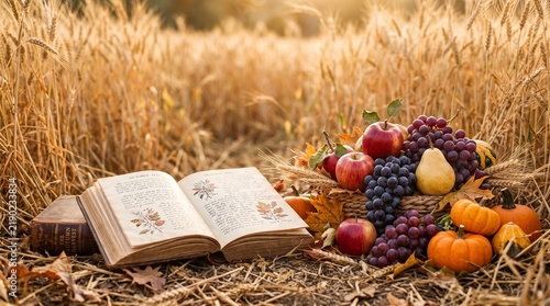 Autumn Harvest Still Life with Open Vintage Book, Wheat Field, Apples, Grapes, Pears, Pumpkins and Fallen Leaves in Warm Golden Seasonal Light