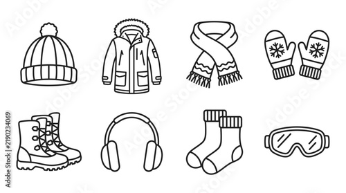 Winter clothing items are depicted as black line silhouettes