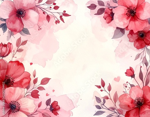 Watercolor floral Valentine frame with pink and red flowers, leafy branches, and central copy space