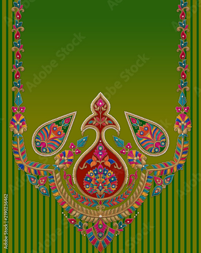 Bild auf Leinwand Gradient green ethnic floral paisley neckline yoke design for apparel