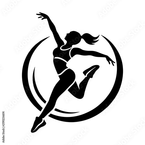 Black silhouette of leaping woman in circular frame on white background.