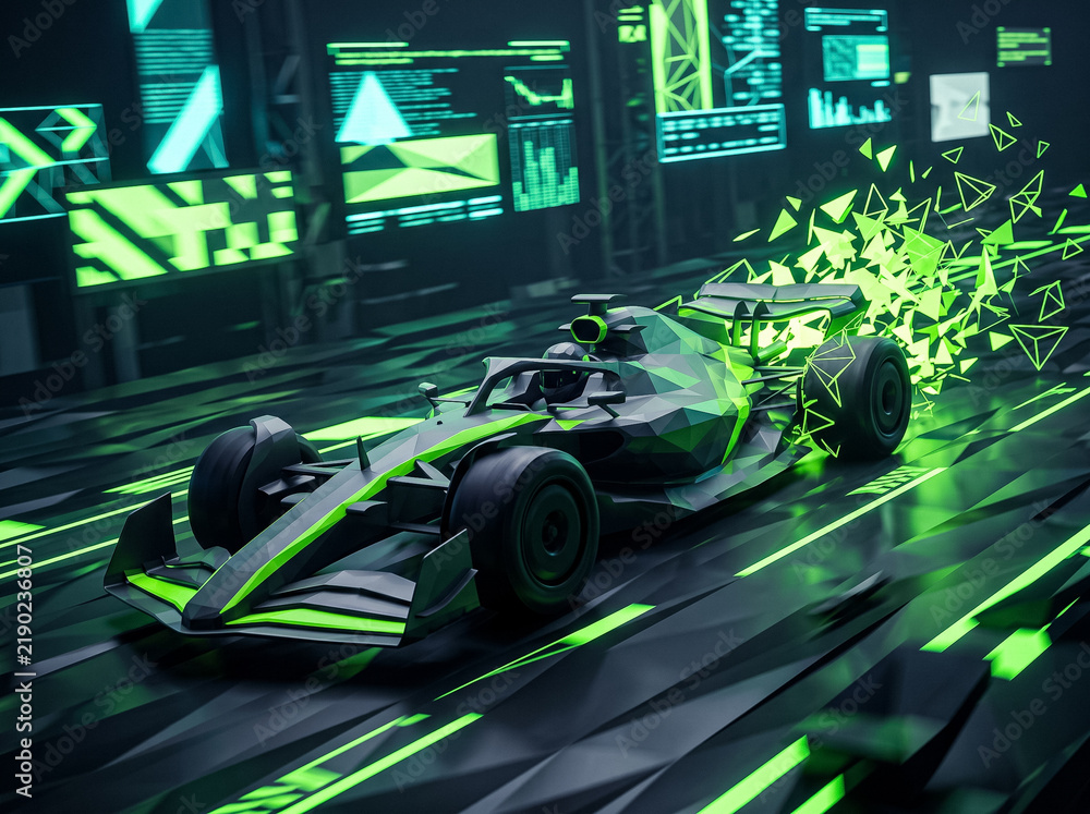 Obraz premium formula 1 racing car with bright green neon pixels and geometric particles races through a virtual track surface