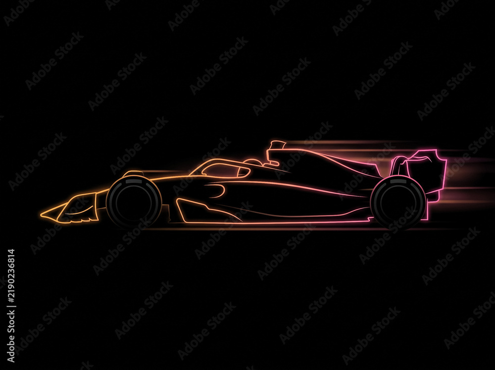 Fototapeta premium formula 1 racing car rendered as neon outline silhouette with glowing pink and orange speed lines on solid black background