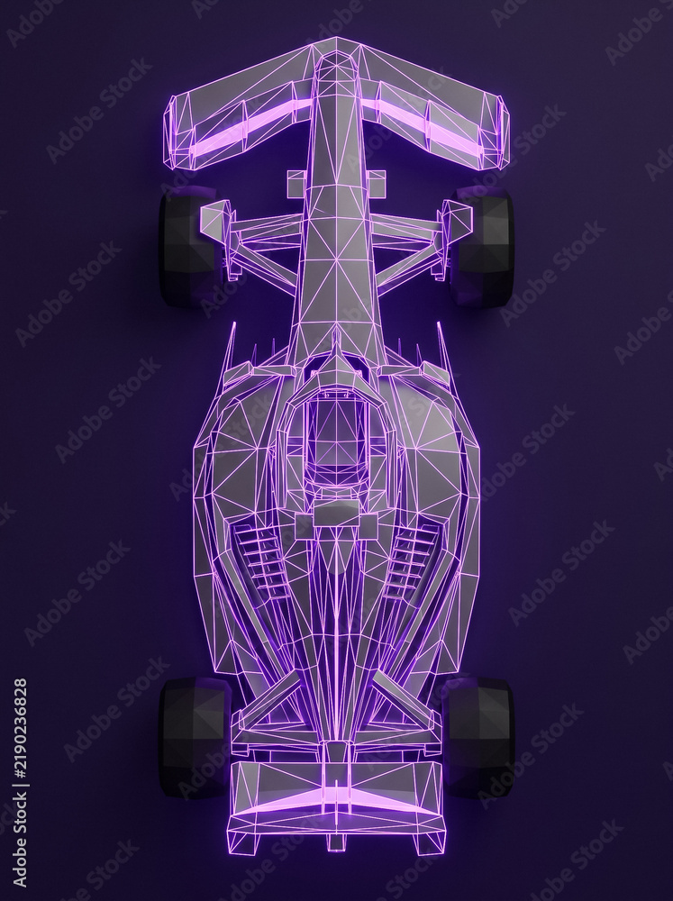 Fototapeta premium formula 1 racing car top view presented as purple 3d wireframe polygon mesh model on dark gradient background