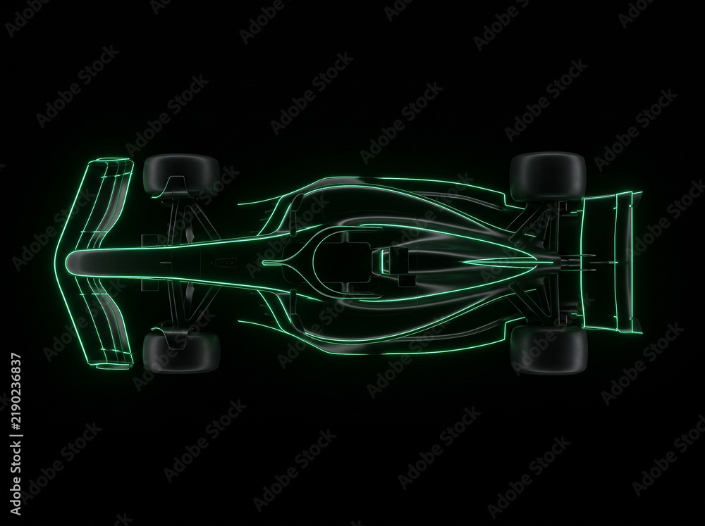 Obraz premium formula 1 racing car top view featuring green neon glowing body outlines on dark background in futuristic style
