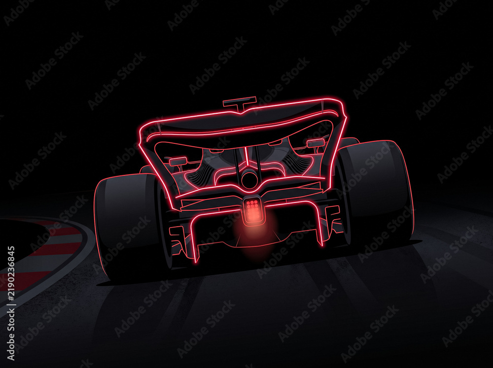 Obraz premium red neon formula one racing car on racing track rear view with glowing red outlines sports car develops high speed in motorsport competition on professional circuit track