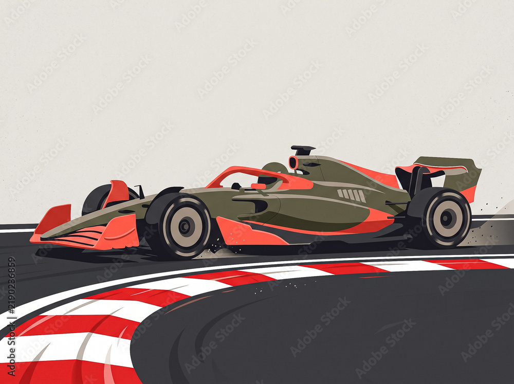 Obraz premium red grey formula one racing car dynamically rushes along track turn with red white curb stylish vector illustration of motorsport and high speed of sports car on circuit race