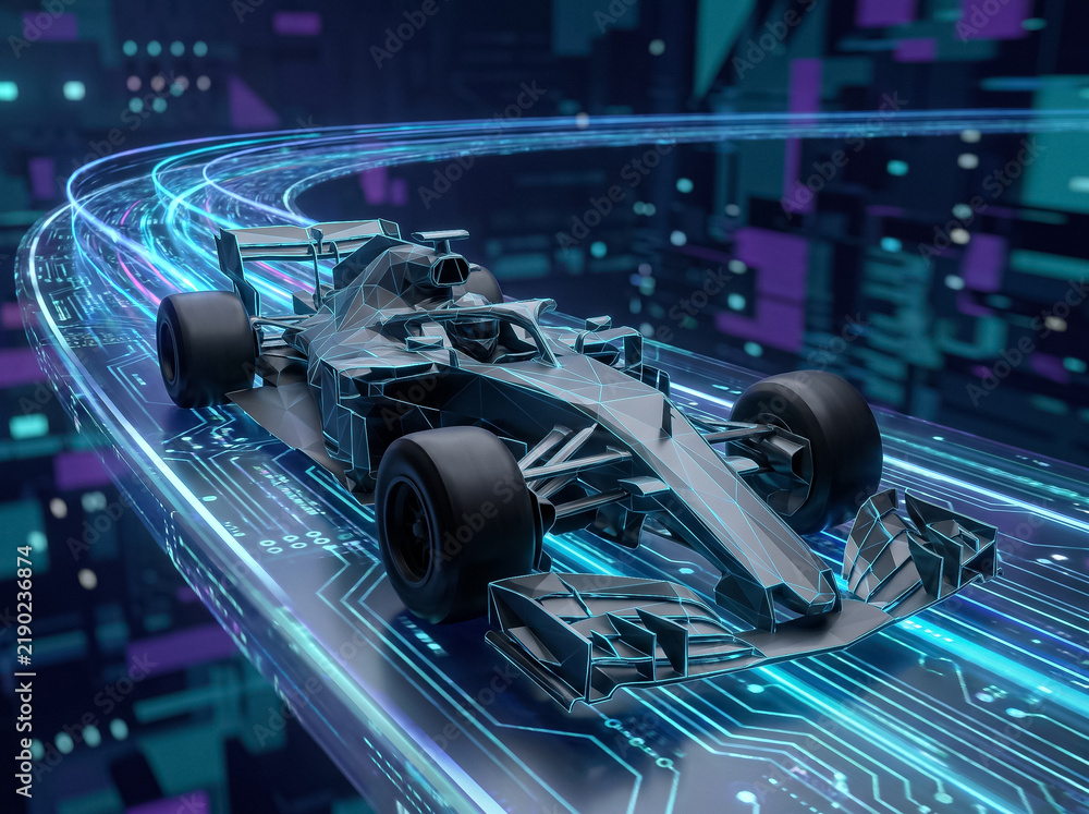 Obraz premium 3d futuristic formula one racing car rushes along digital virtual track of neon lines high tech sports car and motorsport of advanced future in virtual championship competition