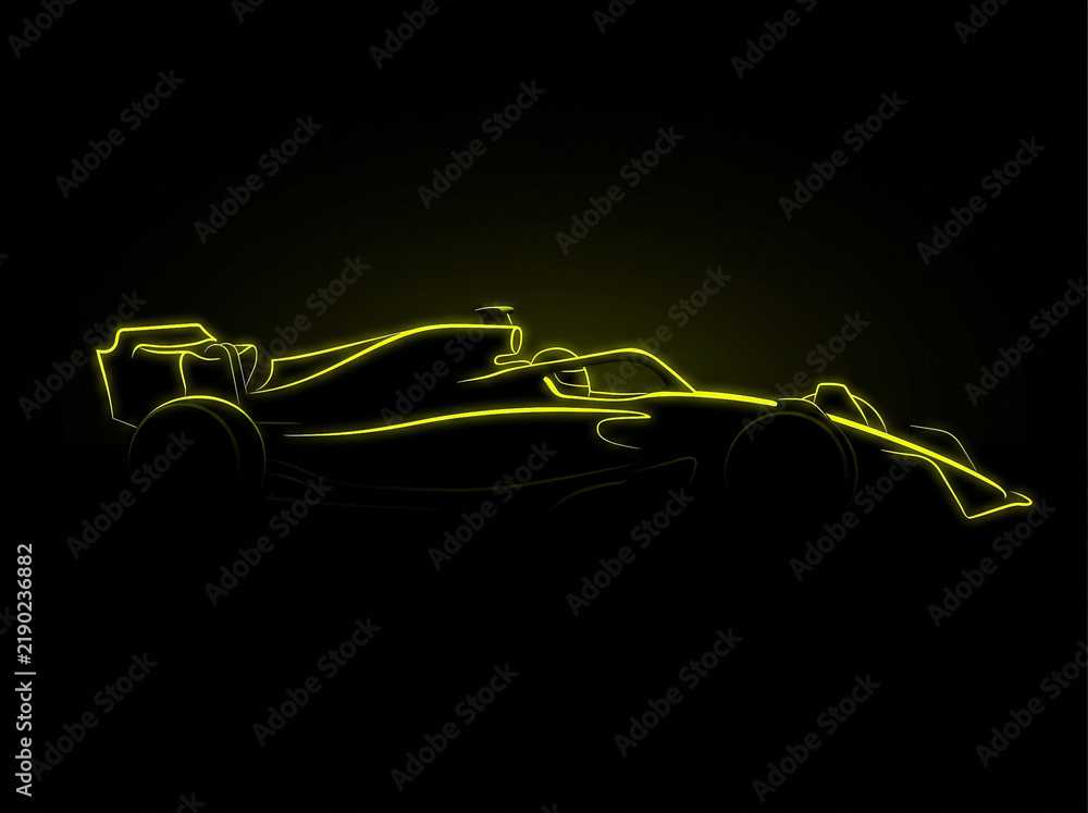 Obraz premium neon yellow outline of formula one racing car on black background side view minimalist glowing abstraction of sports car and high speed of professional motorsport tournament
