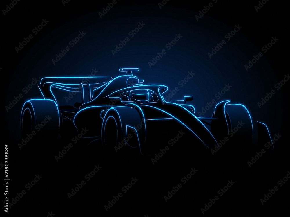 Fototapeta premium neon blue outline of formula one racing car on dark background silhouette of sports car front side view glowing abstraction of speed and modern professional motorsport championship