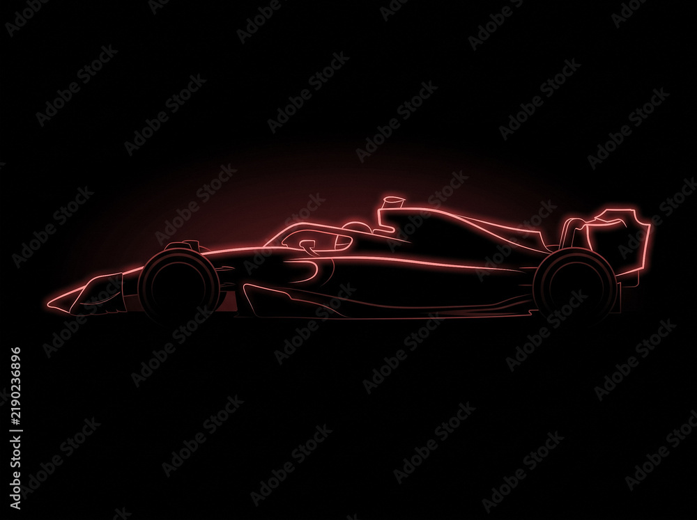 Fototapeta premium red neon outline of formula one racing car side view on black background glowing silhouette of sports car representing high speed and professional circuit motorsport tournament