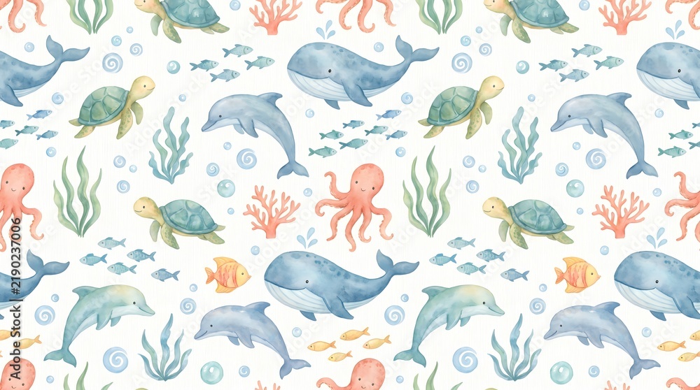 Obraz premium Seamless pattern of watercolor ocean animals including whales and turtles