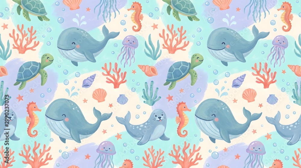 Fototapeta premium Seamless pattern of cute ocean animals with whales and turtles on light blue