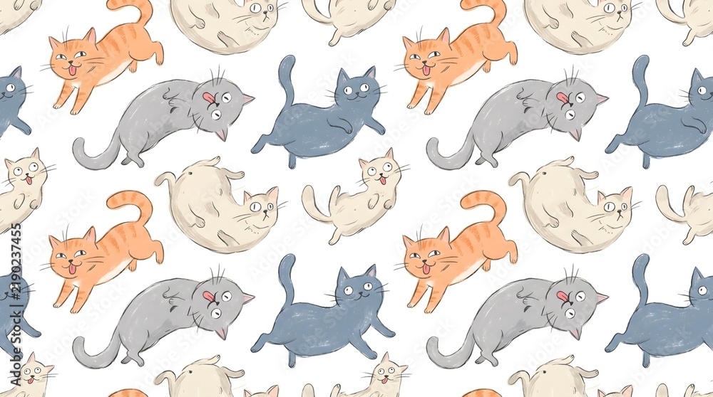 Obraz premium Seamless pattern of cute cartoon cats in various playful poses on white