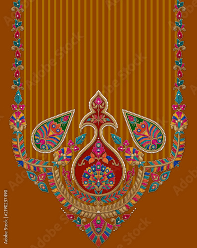 Quadro su tela Rust brown ethnic floral paisley neckline design for women ethnic wear