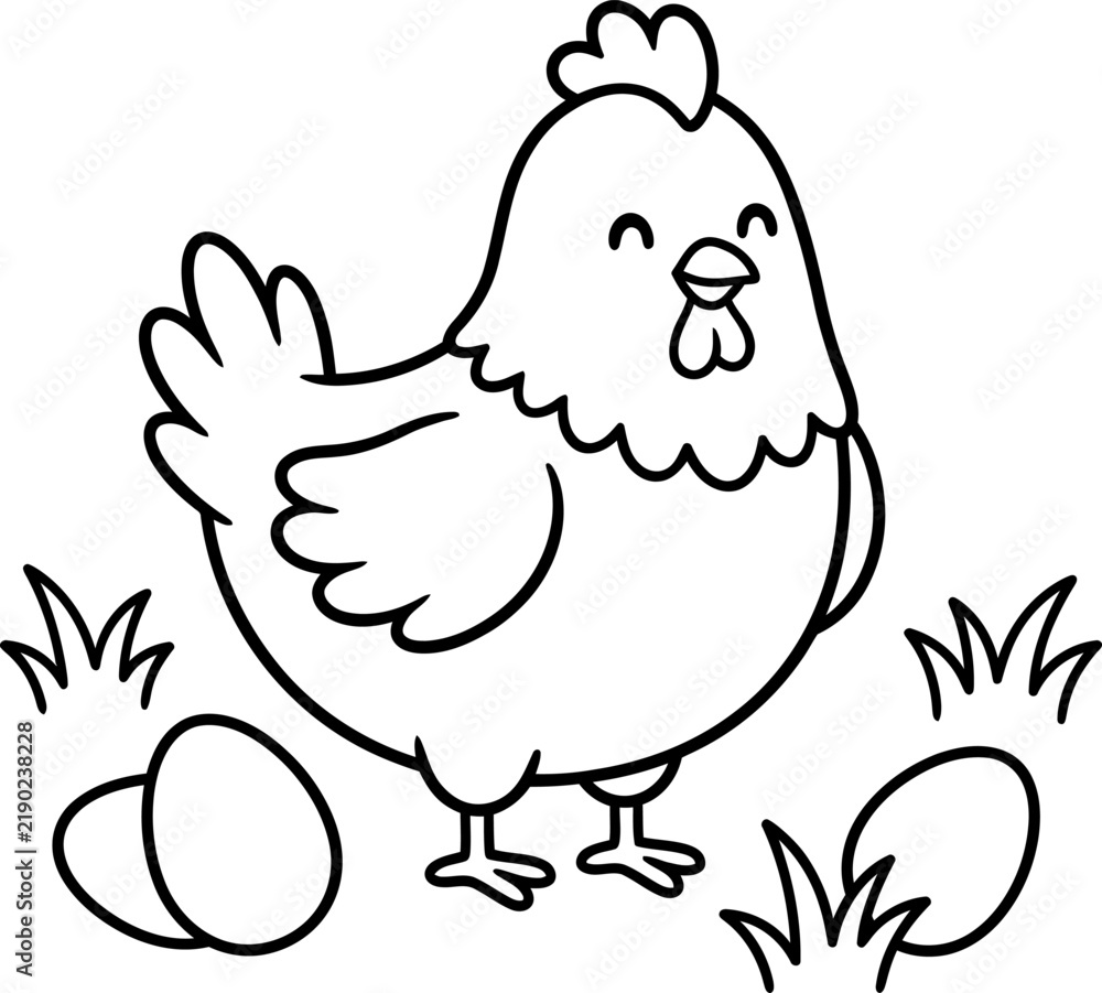 Fototapeta premium Cute hen chicken with eggs on grass coloring page for kids vector