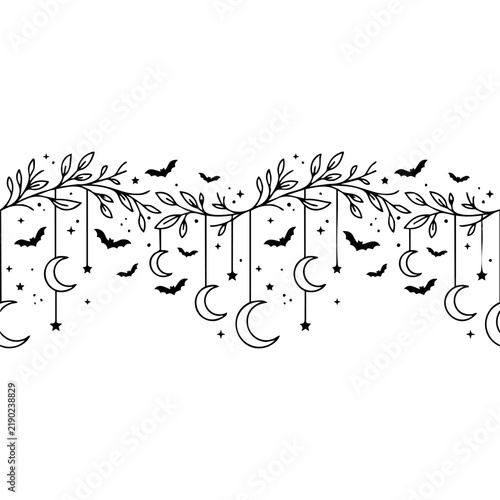 Halloween Border with Crescent Moons, Bats, and Leaves
