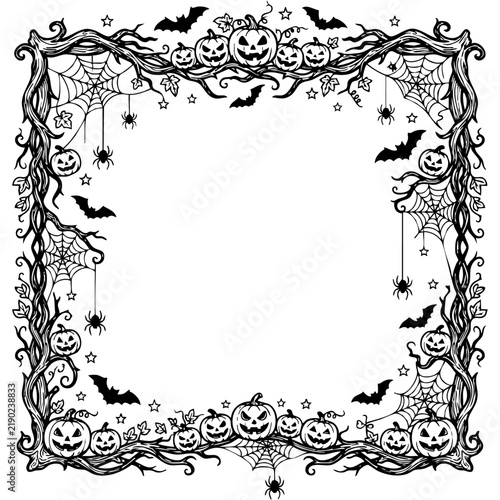Halloween Border with Pumpkins, Bats, and Spider Webs
