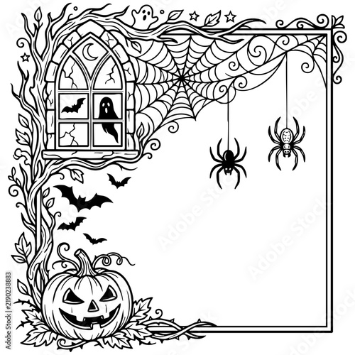 Halloween Frame with Haunted Window, Pumpkin, and Spider Web
