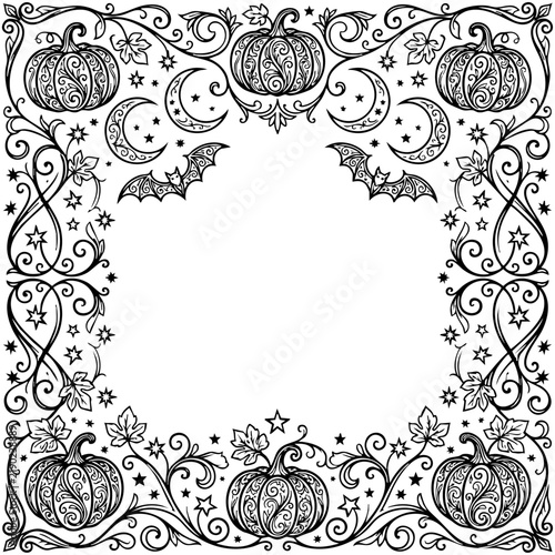 Halloween Ornate Frame with Pumpkins, Moons, and Bats
